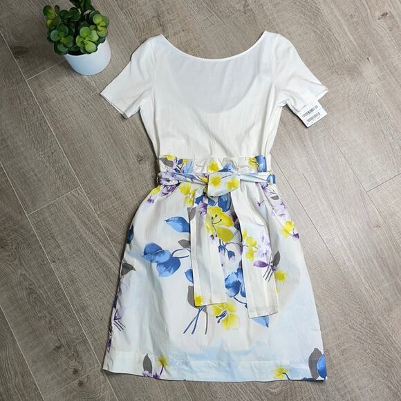 MAX & CO. Bea Cream Blue Floral Short Sleeve Scoop Neck Dress Women’s - Picture 1 of 12